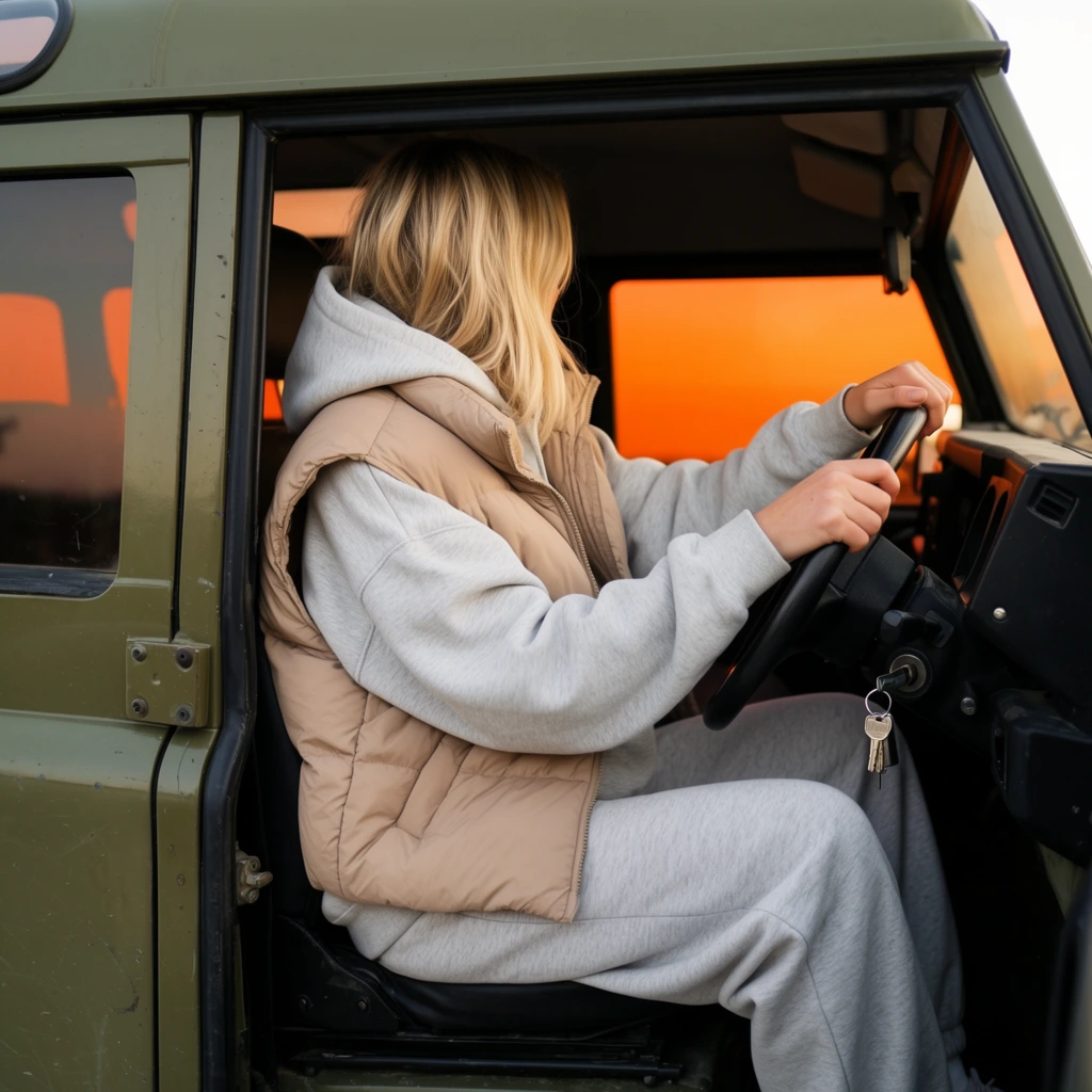 A blonde woman sits in the driver's seat of an open olive-green off-road vehicle, viewed from a medium side angle. Her head is turned away from the camera, looking out through the passenger windows. She wears an oversized light grey hoodie under a tan quilted puffer vest and matching grey sweatpants, with both hands lightly gripping the black steering wheel. Silver keys dangle from the ignition column. The vehicle's rugged interior features exposed metal rivets, dark paneling, and thick black window framing. The flat glass windows boldly reflect a warm, vivid orange sunset, contrasting sharply with the soft, diffused natural light that illuminates the thick, cozy fabrics of her casual attire against the utilitarian cabin.