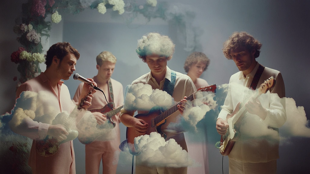 cinematic surrealist photography, five musicians playing instruments, ethereal double exposure effect, soft billowing clouds and mist interwoven through the figures, lush overgrown floral archway, moody atmospheric lighting, soft diffused glow, muted color palette of dusty roses and cool grays, fine grain texture, dreamlike aesthetic, soft focus background, professional editorial style, high-end branding composition, surrealist cloud integration, 35mm film aesthetic.