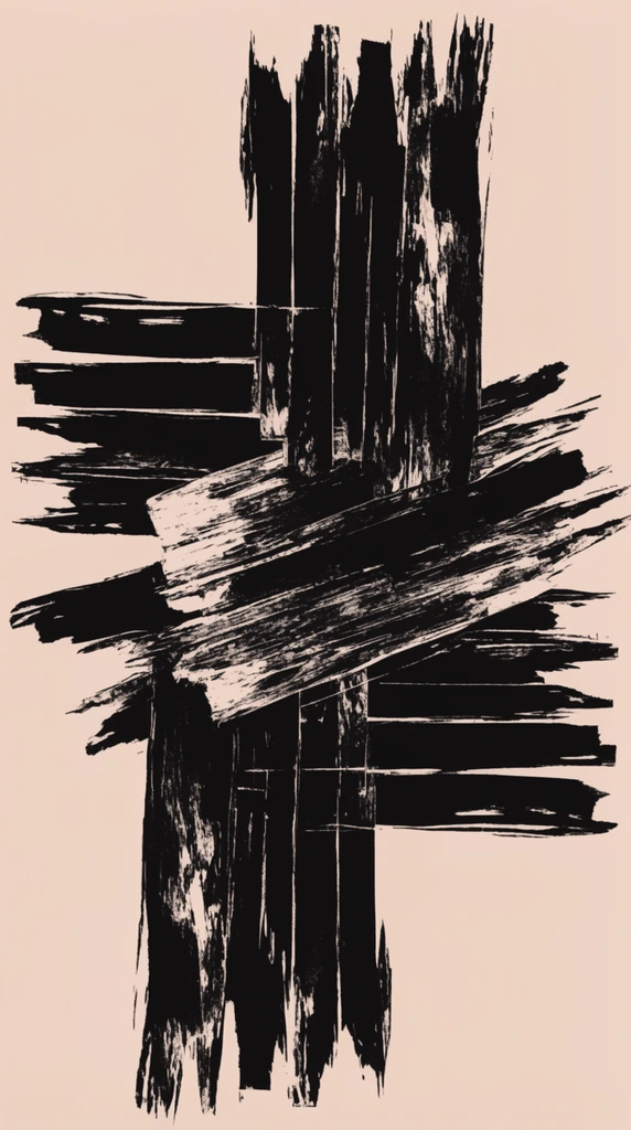 abstract arrangement of stark black shapes, thick vertical and horizontal strokes with jagged splintered edges, distressed woodblock print texture, rough brushstrokes clustered centrally, solid pale beige background, high contrast graphic art style
