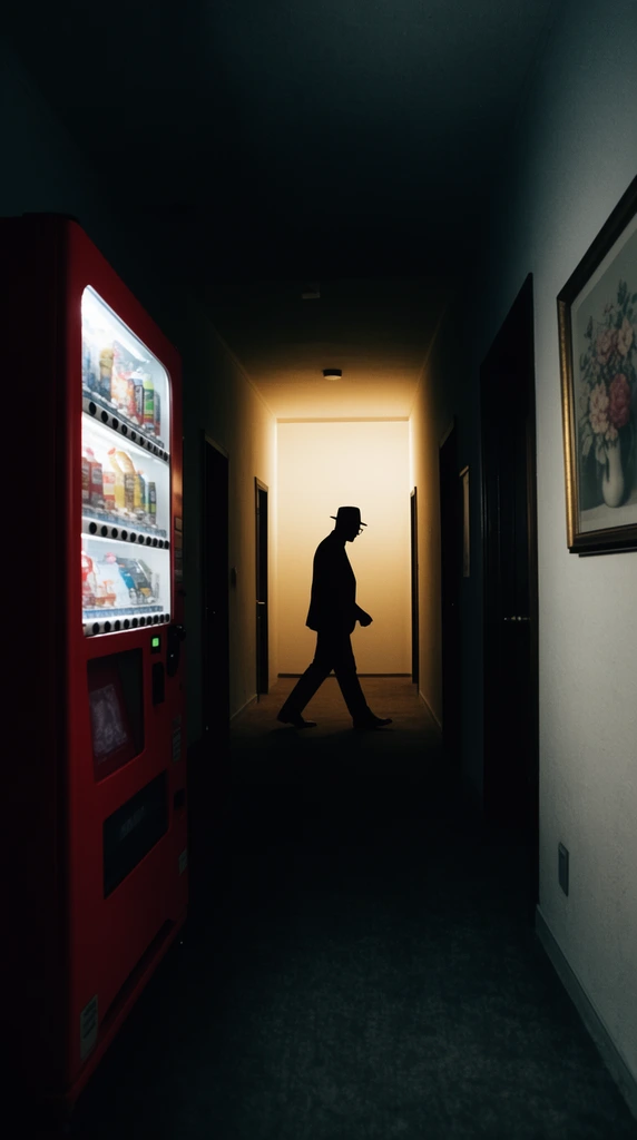 A suspenseful cinematic composition of a dark hallway contrasting with a brightly illuminated background corridor. A large bright red vending machine sits in the deep shadows of the left foreground. Down the glowing corridor, the stark black silhouette of a figure wearing a fedora strides through the space. The pale walls feature dark doors and a framed floral print on the right. Moody high-contrast lighting and deep chiaroscuro emphasize the mysterious midnight atmosphere.
