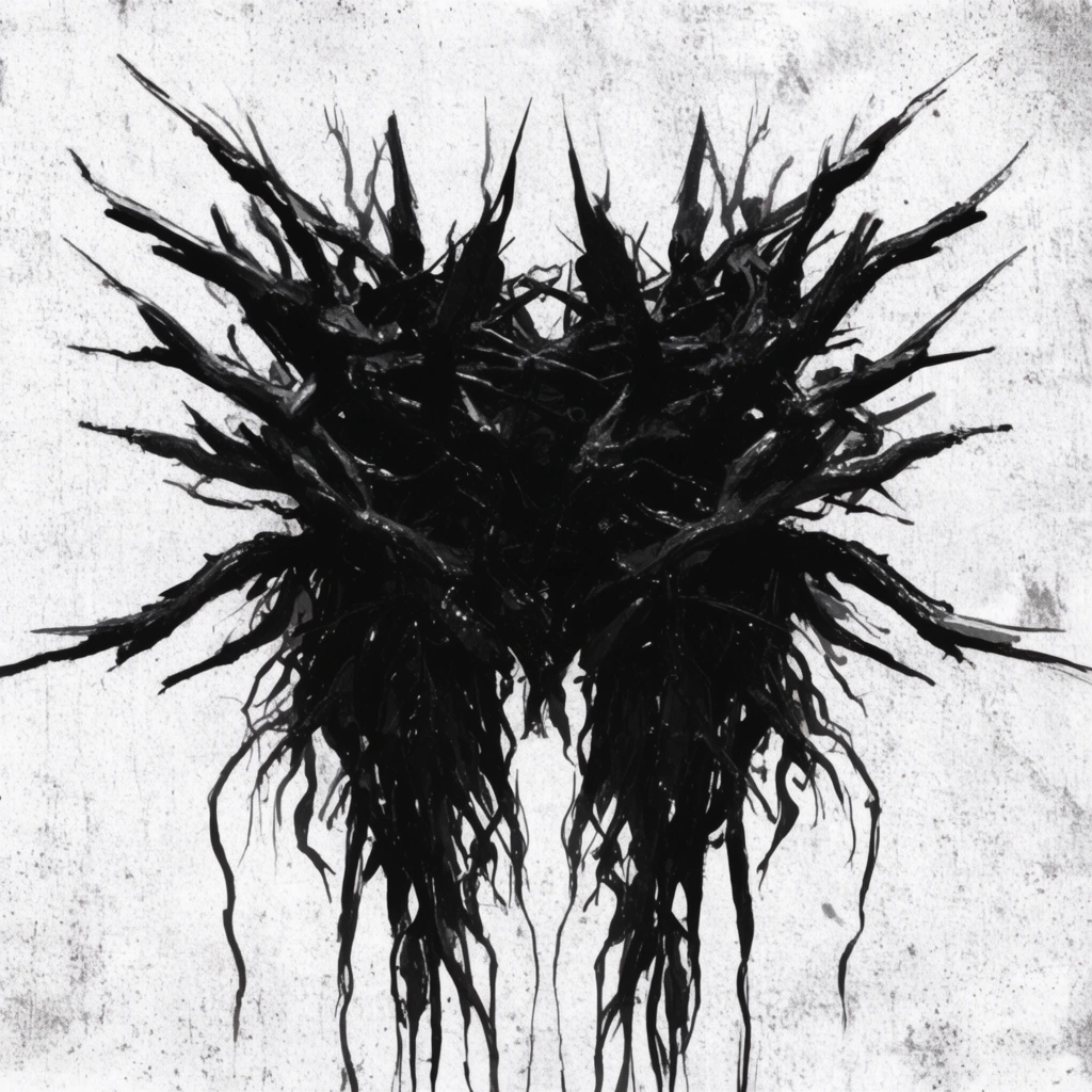 An abstract, symmetrical black mass of tangled, thorny branches and jagged roots on a distressed white background. The organic structure features aggressive spikes pointing outward, intertwining thickly before tapering into elongated, dripping tendrils. Glossy, viscous black shapes contrast with the gritty canvas. The monochromatic composition evokes dark surrealism through brutalist ink strokes and heavy grain.