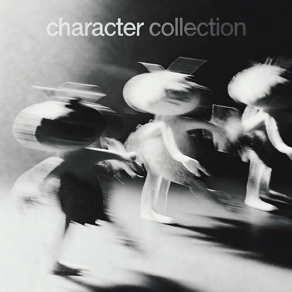 high-contrast black and white analog photography, three food characters rendered as ghostly anthropomorphic silhouettes, text 'character collection' in a clean minimalist sans-serif positioned at the top, extreme motion blur with kinetic horizontal smearing, heavy silver halide grain, intentional camera movement, stark chiaroscuro lighting with blown-out highlights and deep void blacks, ethereal long-exposure trails, gritty atmospheric noise, dynamic blurred forms.
