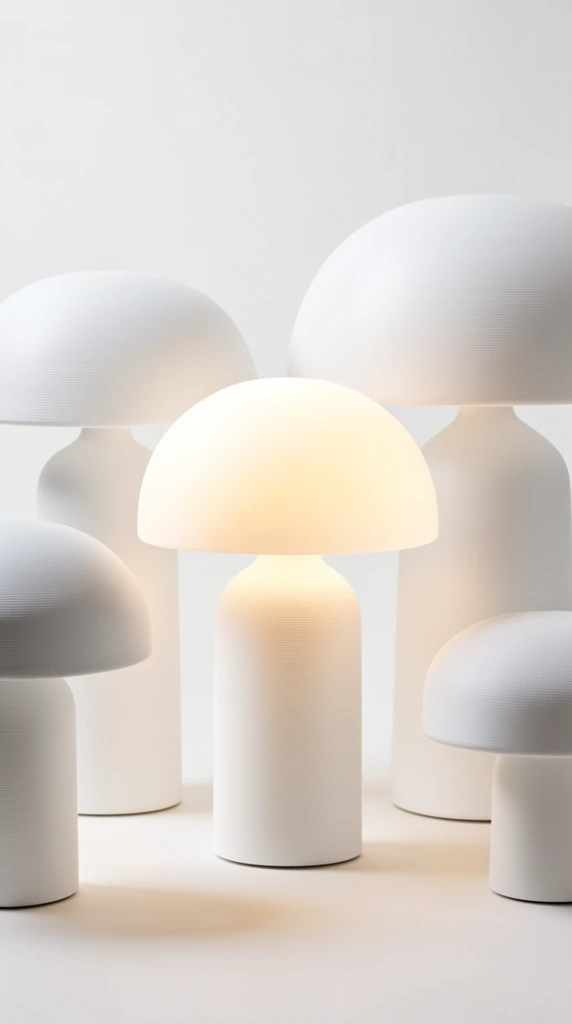 minimalist collection of white mushroom-shaped table lamps, central lamp radiating a warm diffused glow, surrounding unlit lamps featuring varying dome proportions and stout cylindrical bases, visible fine horizontal structural ridges, smooth white surface blending into a seamless white background, soft ambient lighting, high-key contemporary product photography, serene atmospheric warmth