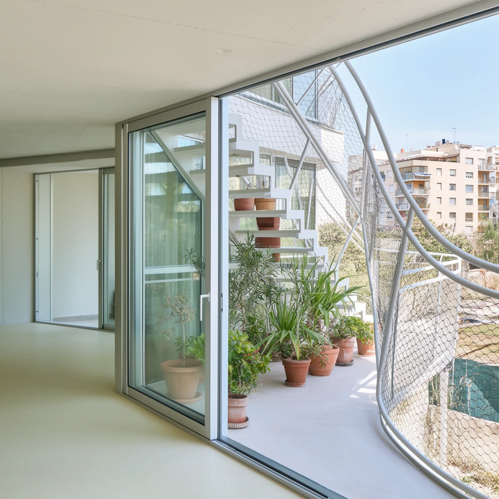 modern minimalist architecture, indoor room opening to an outdoor balcony, sliding glass doors, white exterior staircase with potted plants, curved metal railing, wire mesh, pale floors, bright natural daylight, urban residential background, architectural photography