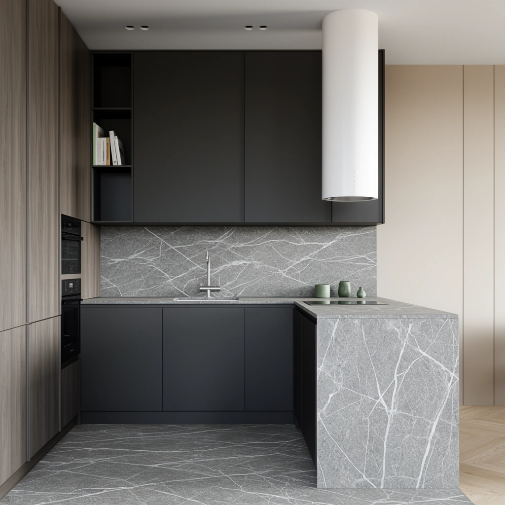 A modern minimalist kitchen features an L-shaped island, backsplash, and floor section clad in grey stone with sharp white veining. Dark matte charcoal flat-panel cabinets contrast the stone, integrating a silver sink fixture. Tall wood-grain cabinets on the left house built-in black appliances. A prominent white cylindrical exhaust hood drops from a smooth ceiling with recessed lighting. Subtle decor includes small green vessels on the counter and books in an open upper cubby. The space transitions to a light beige paneled wall and light wood chevron flooring on the right. Soft, diffused daylight highlights the clean architectural lines and neutral tones.