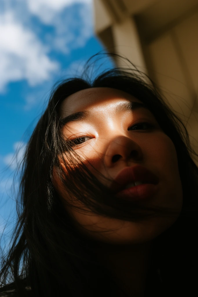 low angle portrait of a young woman, dark hair blowing across her face, dramatic high contrast lighting, sharp band of sunlight illuminating her right eye and forehead, lower face in deep warm shadow, glowing skin texture, slightly parted lips, vibrant blue sky with white clouds in the left background, blurred beige architectural corner on the right, cinematic photography, shallow depth of field