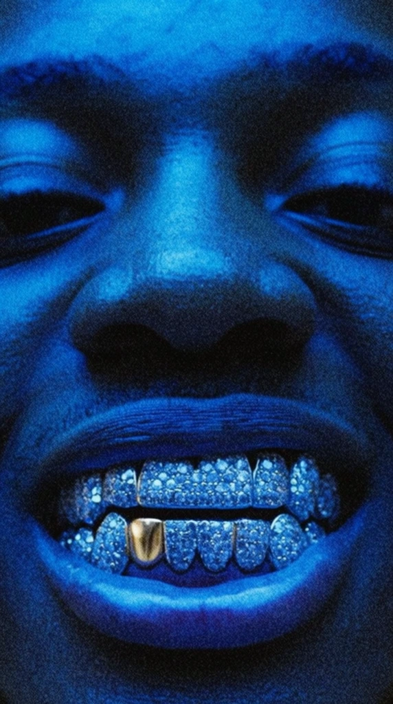 Extreme close-up portrait of a face bathed in intense monochromatic blue lighting. A slightly open mouth reveals a full diamond-encrusted dental grill with a single gold tooth on the bottom row. Heavy film grain, high contrast, and a shallow depth of field create a gritty, cinematic macro composition.