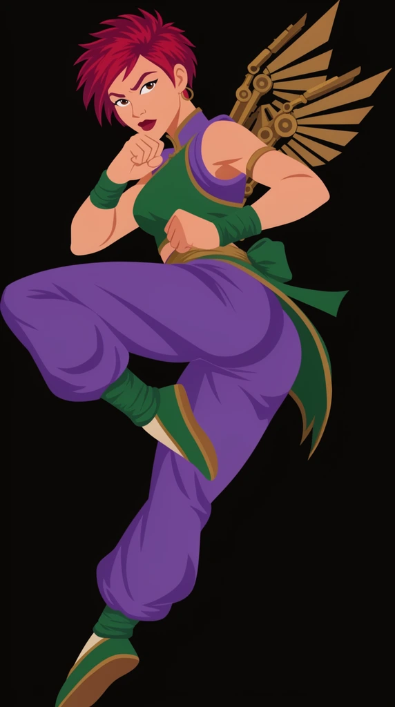 2D vector art, female character in dynamic flying kick pose, short spiky crimson hair, purple and green martial arts outfit, mechanical brass wings, flat colors, solid black background