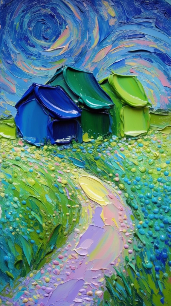 Thick, sculptural impasto strokes form a cluster of houses nestled in a vibrant field alongside a winding path. The houses emerge from chunky, raised palette knife blocks of deep sapphire blue, rich emerald, and vibrant lime green, featuring roofs defined by overlapping, sweeping arcs of glossy paint. A winding path cuts through the dynamic foreground, composed of thick, layered smears and densely packed, stippled dots of soft lavender, pale pink, and lemon yellow pastel tones. The surrounding field is an energetic sea of highly tactile, three-dimensional paint texture, built from dynamic, swirling brushstrokes and raised, bead-like dollops of luminous greens and cyan. Above the structures, the sky rolls in concentric, rhythmic swirls of jewel-toned blues heavily marbled with pastel accents, echoing an expressive, Post-Impressionist aesthetic. The extremely heavy application of oil paint grants the entire scene a deeply dimensional, sculpted surface, where prominent ridges and jagged peaks of densely applied pigment cast distinct micro-shadows. Bright, multidirectional light catches the glossy crests of these thick sweeps and raised dabs, generating sharp specular highlights across the intensely textured, swirling landscape.