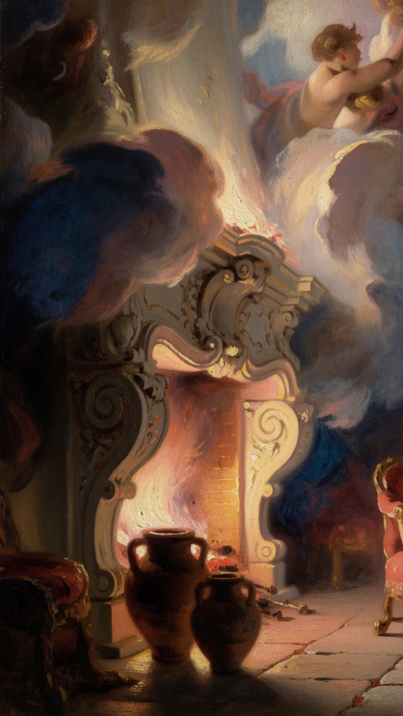 baroque oil painting of an ornate hand-carved stone fireplace, two large earthen vases resting on a stone floor, dramatic chiaroscuro with warm golden highlights hitting the edges, deep indigo shadows, painterly textures with soft visible brushstrokes, atmospheric smoke swirling like billowy ethereal clouds, rich palette of ochre and burnt sienna, transcendent and mythic mood, classical academic style, extreme verticality in composition, soft impasto rendering, luminous highlights.