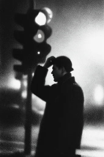 Monochrome Granular Noir style reference image — heavy film grain