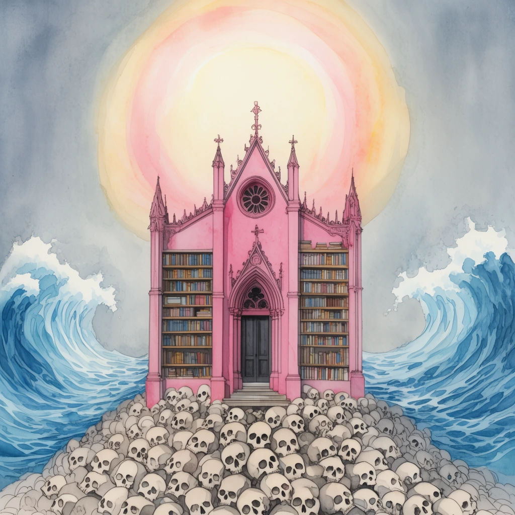 A surreal watercolor painting of a pink gothic building merged with bookshelves, resting atop a large mound of human skulls. Stylized blue ocean waves part around the structure beneath a massive, luminous pastel sun radiating in a muted grayish-blue sky. Fine ink linework and soft color washes define the dreamlike composition.