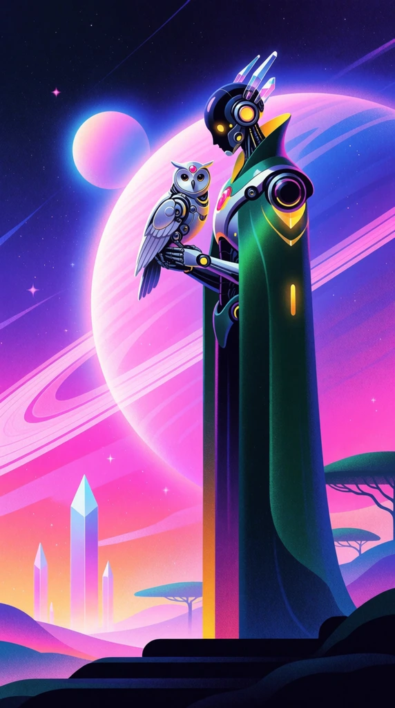 A towering, slender biomechanical android cradles a delicate mechanical owl against a vibrant retro-futuristic cosmic backdrop. The android features a polished obsidian face, swept-back crystalline antennae, and bright yellow optical sensors, draped in a high-collared, flowing cape of deep emerald green with glowing gold geometric accents. It tenderly holds the silver-feathered robotic avian, which has a single ruby set in its forehead. The figures stand in profile on dark, stepped terrain silhouetted against a brilliant sky. The background is dominated by a massive, luminous ringed planet and a smaller glowing moon, rendered in sweeping gradients of neon magenta, violet, and deep indigo. Distant minimalist crystal spires and flat-topped trees rise from the horizon. The 2D digital illustration evokes 1980s sci-fi art, characterized by a vibrant synthwave color palette, airbrushed gradients, and subtle stippled texture, contrasting the strong vertical profile against the sweeping cosmic curves.