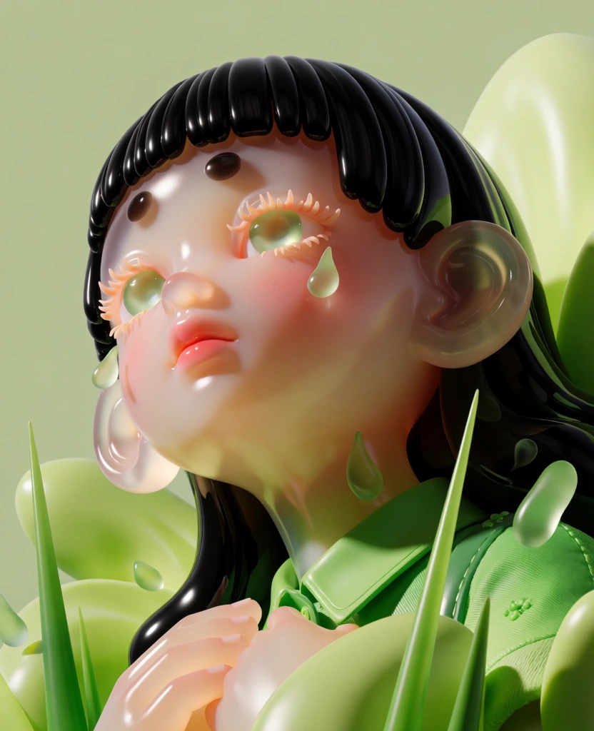 A stylized, 3D digital rendering features a young girl character with large, glassy eyes and a serene expression, captured from an extreme low angle against a soft green background. The central figure has a porcelain-smooth, translucent complexion with soft pink blush on her cheeks and nose, giving her skin a jelly-like appearance. She has glossy black hair styled with straight-cut blunt bangs and two distinct dark grey circular marks positioned symmetrically on her high forehead. Her eyes are oversized and filled with a pale, milky green iris, framed by thick, long, peach-colored eyelashes. Her mouth is small and puckered, tinged with a delicate pink gloss. Large, rounded ears frame the sides of her face. She wears a vibrant green, high-collared garment with intricate textured patterns on the shoulder and is surrounded at the base by smooth, bulbous, light green forms that resemble thick petals or leaves. Several translucent, teardrop-shaped green droplets float near her eyes and neck. The character is tilted slightly back and looking upward into the light. In the foreground, sharp, vertical green spikes resembling blades of grass or leaf tips rise toward the subject. The background is a solid, out-of-focus soft sage green, creating a minimalist environment. The lighting is soft and directional, originating from the upper left to create smooth gradients, subtle shadows under the chin, and a glowing subsurface scattering effect across the character's skin. The color palette is monochromatic, dominated by various shades of lime and sage green, contrasted by the warm peach and pink tones of the character’s features.
