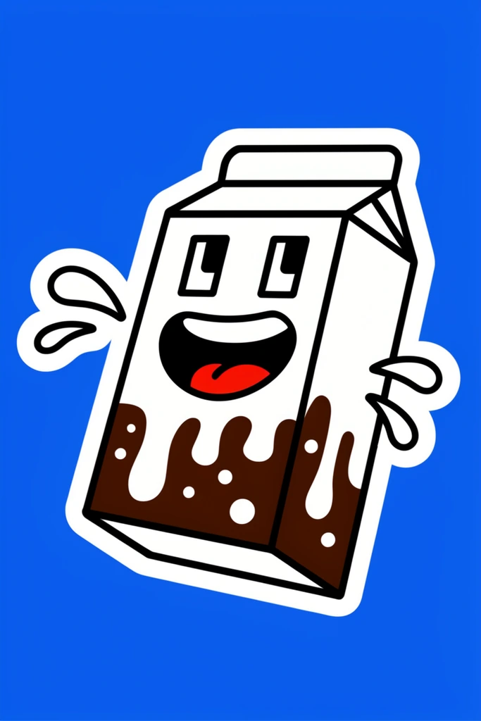 A stylized, anthropomorphic beverage carton with a joyful expression floats against a solid vibrant blue background. The angled container features an open top flap, thick black line art, and a heavy white sticker-like outer border in a crisp 2D vector style. Two rectangular eyes look upwards above a massive open mouth revealing a bright red tongue. The carton's surface depicts viscous white liquid dripping heavily into a dark brown lower half decorated with white circular spots. Detached teardrop splashes of white liquid eject outward from the sides of the lively, floating figure.