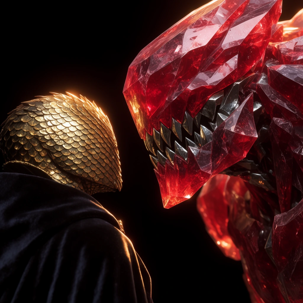 Two figures face off in a pitch-black void. On the right, a massive translucent crimson crystalline golem with a jagged metallic jaw leans forward. On the left, a smaller figure is draped in shimmering golden scales and a dark velvet cloak. High-contrast amber edge lighting dramatically highlights the sharp geometric facets and intricate scale textures in this cinematic macro composition.