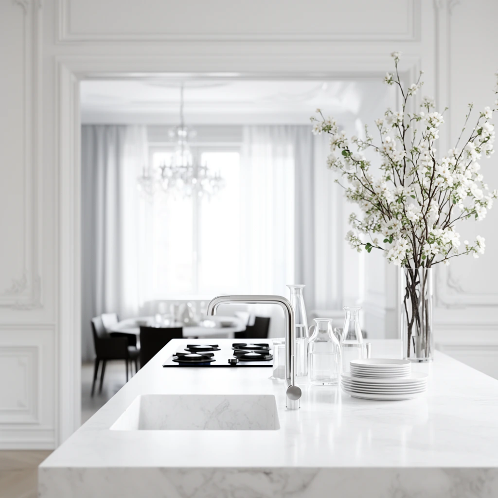 A pristine white marble kitchen island anchors an elegant, light-filled interior featuring classical wall molding. The counter displays a sleek chrome faucet over a sunken sink, clear glass carafes, stacked white ceramic plates, a black built-in stovetop, and a tall glass vase holding blooming white floral branches. Beyond an open doorway, a blurred dining area reveals a crystal chandelier, dark chairs, and a large window with sheer curtains. The architectural photography employs high-key natural lighting and a shallow depth of field, keeping the serene minimalist foreground in sharp focus against the bright background.