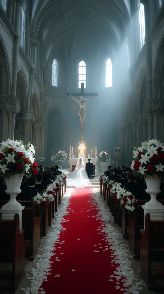 A cinematic, highly symmetrical wide shot of a grand cathedral wedding. A bride in a voluminous white gown and a groom kneel at a glowing altar beneath a large crucifix. A vibrant red carpet scattered with white petals divides wooden pews filled with guests. Large white urns overflowing with lilies and red roses line the aisle. Ethereal, hazy light streams from high windows, contrasting the cool stone architecture with deep reds and stark whites.