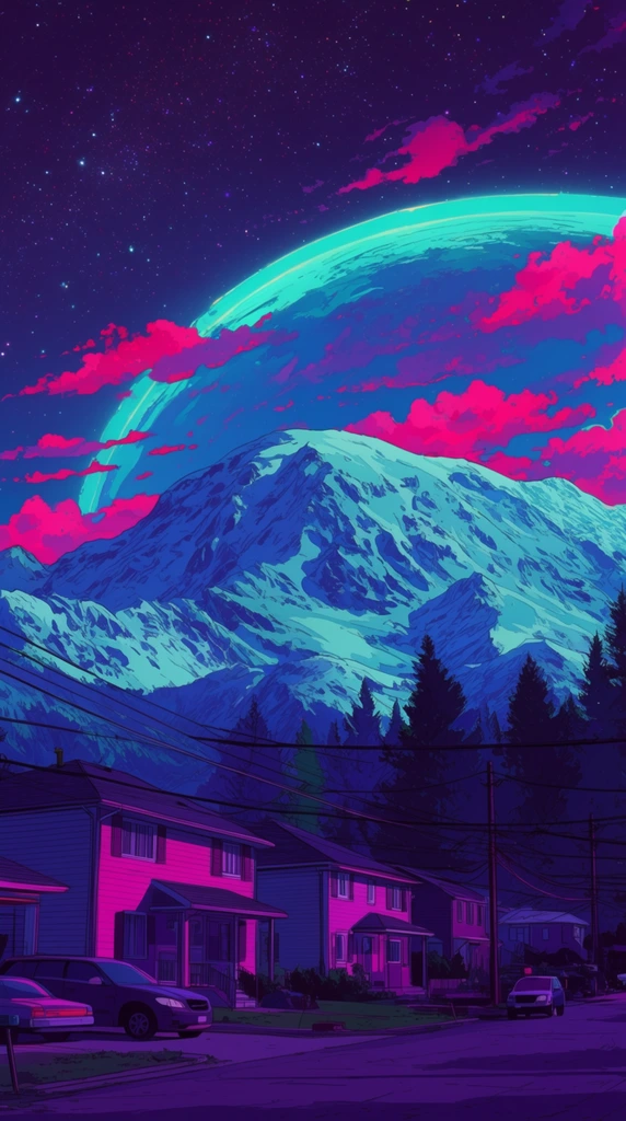 A retro-futuristic digital illustration pairs a quiet suburban neighborhood with a massive snowy mountain range and a surreal cosmic sky. Two-story houses, parked cars, and an asphalt street sit in deep violet shadow, accented by glowing magenta light. Dark power lines and utility poles stretch horizontally across the foreground. Silhouetted pine trees rise toward a towering mountain peak detailed with deep blue shadows and bright cyan snow. The deep indigo night sky is heavily dotted with stars and features vivid neon pink clouds drifting across a gigantic, glowing cyan planetary crescent that arcs over the landscape. The artwork utilizes a highly saturated synthwave palette of neon cyan, magenta, and purple, combined with bold cel-shaded line work to emphasize a cinematic, otherworldly environment.