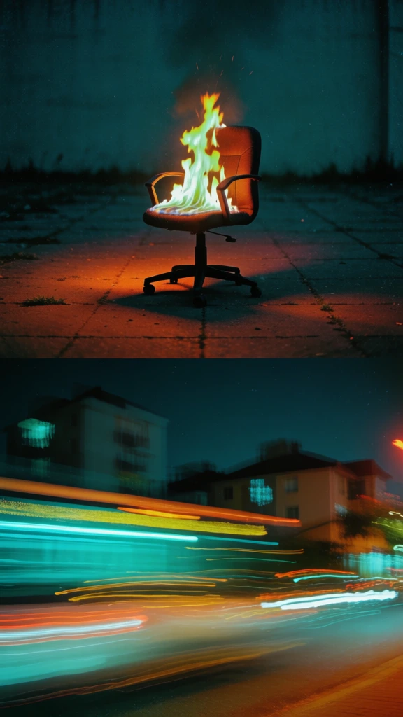 A two-panel vertical composition features a burning office chair on a paved ground in the top section and a long-exposure motion blur of city lights at night in the bottom section. In the upper panel, a black swivel office chair with a five-caster base and armrests sits centrally on a dark, tiled pavement. Bright flames with distinct yellow and green hues rise from the seat cushion, casting a warm orange glow across the ground and the base of the chair. The background consists of a dark, teal-colored wall or open space under low-light conditions, creating a high-contrast cinematic atmosphere. The lower panel displays a night scene captured with a long exposure, resulting in horizontal streaks of vibrant teal, yellow, and orange light that stretch across the frame. Faint, out-of-focus silhouettes of multi-story buildings and residential structures appear in the background behind the light trails. The overall artistic style is surreal and cinematic, characterized by a color palette of deep teals and fiery oranges, with visible film grain across both panels. The top image uses a static, sharp focus on the subject, while the bottom image utilizes intentional camera movement to create an abstract, blurred representation of a city at night.