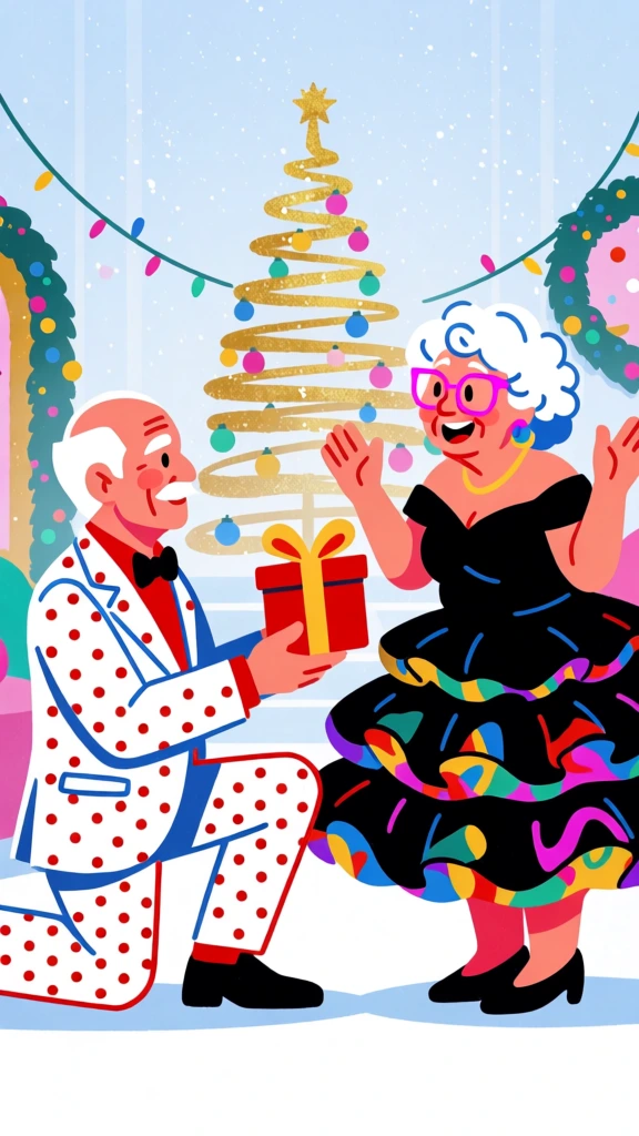 stylized elderly couple exchanging gift, pop art illustration, vibrant cheerful retro vibe
