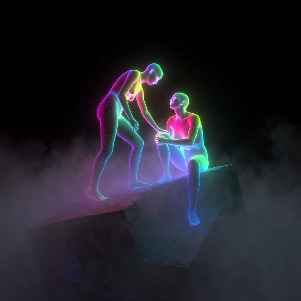 two human figures positioned on a jagged geometric rocky outcropping enveloped in thick dense fog, cinematic 3d render style featuring visible wireframe meshes and glowing polygonal outlines, vibrant neon color gradients of magenta and electric blue and acid green, high contrast against an infinite black void, ethereal bioluminescent aesthetic, intricate technical details, sleek futuristic digital textures, surreal atmospheric lighting, sharp technical precision