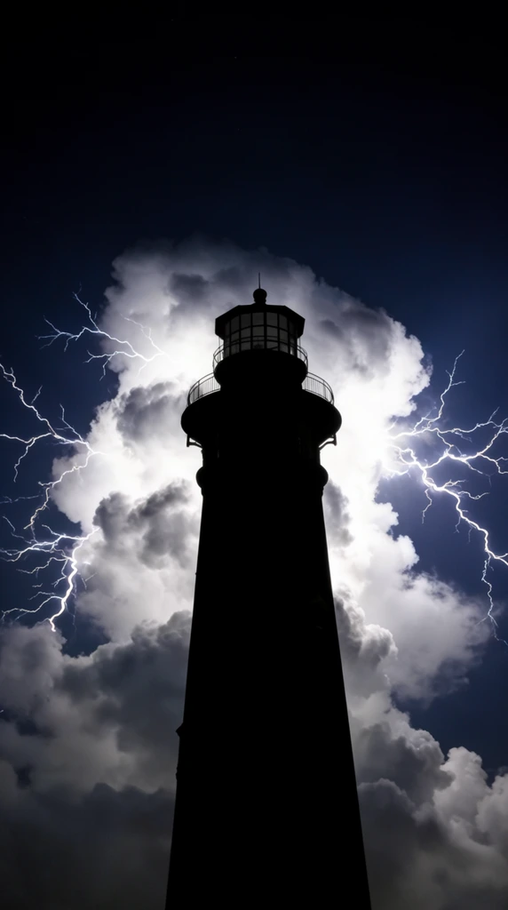 A striking black silhouette of a towering watchtower, viewed from a steep low angle, dominates a dramatic night sky. A massive, intensely illuminated plume of white and gray clouds erupts directly behind the structure. Jagged, brilliant lightning bolts branch dynamically outward from the glowing cloud mass into a deep blue-black expanse. The tower's peak features a lantern room with a delicate railing and grid-like windows. Stark backlighting creates a high-contrast composition, emphasizing the luminous electrical storm against the solid, dark architectural mass.