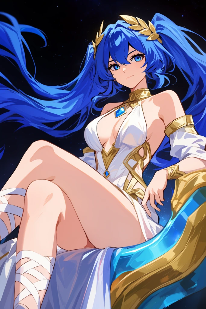 anime illustration of a confident woman, flowing blue twin-tails, blue eyes, gold laurel wreath, revealing white and gold halter dress, blue chest gem, detached sleeves, white leg wraps, sitting cross-legged, leaning on a gold and translucent blue curved structure, dark starry space background, low angle perspective, vibrant colors, cel-shaded, dynamic composition, dramatic lighting