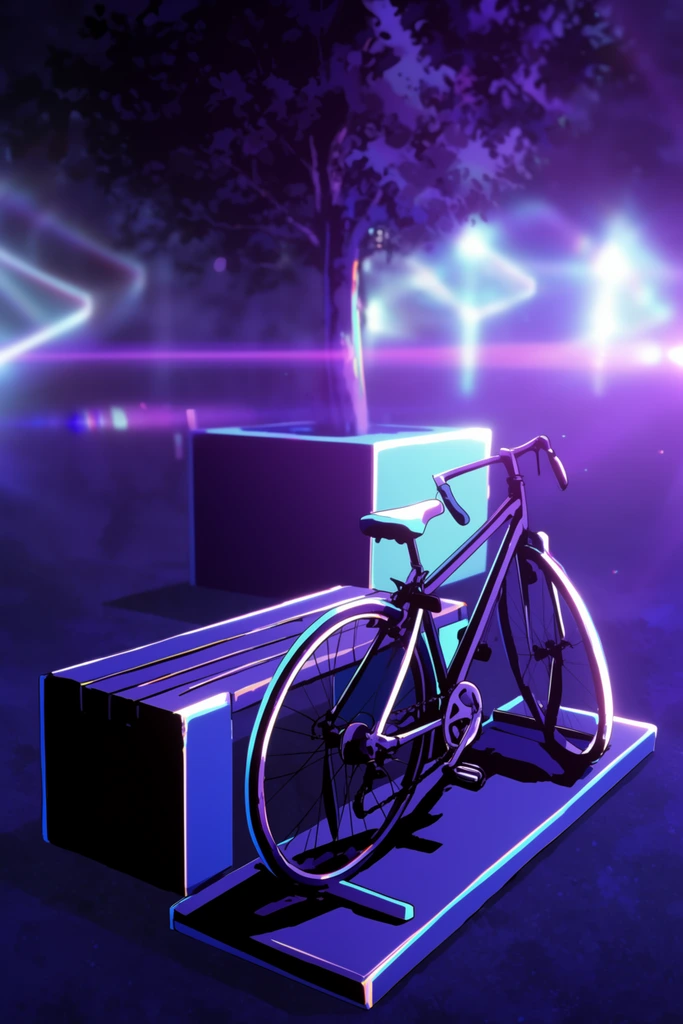 A bicycle rests on a rectangular base beside a bench, rendered in a stylized 2D anime aesthetic dominated by deep violets, indigo, and neon cyan. The bicycle, rectangular base, and bench are illustrated with stark cel-shaded blocks of pure black shadow, accented by intense, electric blue and glowing white rim lighting. Behind this arrangement stands an abstract cube structure and a solitary tree, softly illuminated against a dark, nocturnal background. A prominent, vibrant purple lens flare and luminous light leaks streak horizontally across the composition, bathing the scene in a high-contrast, synthwave-inspired atmosphere. The background features a shallow depth of field, rendering the distant elements and geometric light patterns as a soft, glowing bokeh of cyan and white illumination. The overall image blends sharp foreground line work with soft atmospheric bloom and subtle chromatic aberration, creating a highly stylized, moody visual environment.
