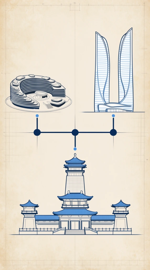minimalist architectural blueprint infographic, three buildings connected by a central horizontal timeline with vertical node markers, circular terraced complex on the upper left, twin sleek curved skyscrapers on the upper right, traditional Asian temple with a central tower and pagoda roofs on the bottom center, dark blue line art with solid blue accents, textured vintage beige parchment background, subtle technical grid lines, architectural elevation view, flat 2D vector design