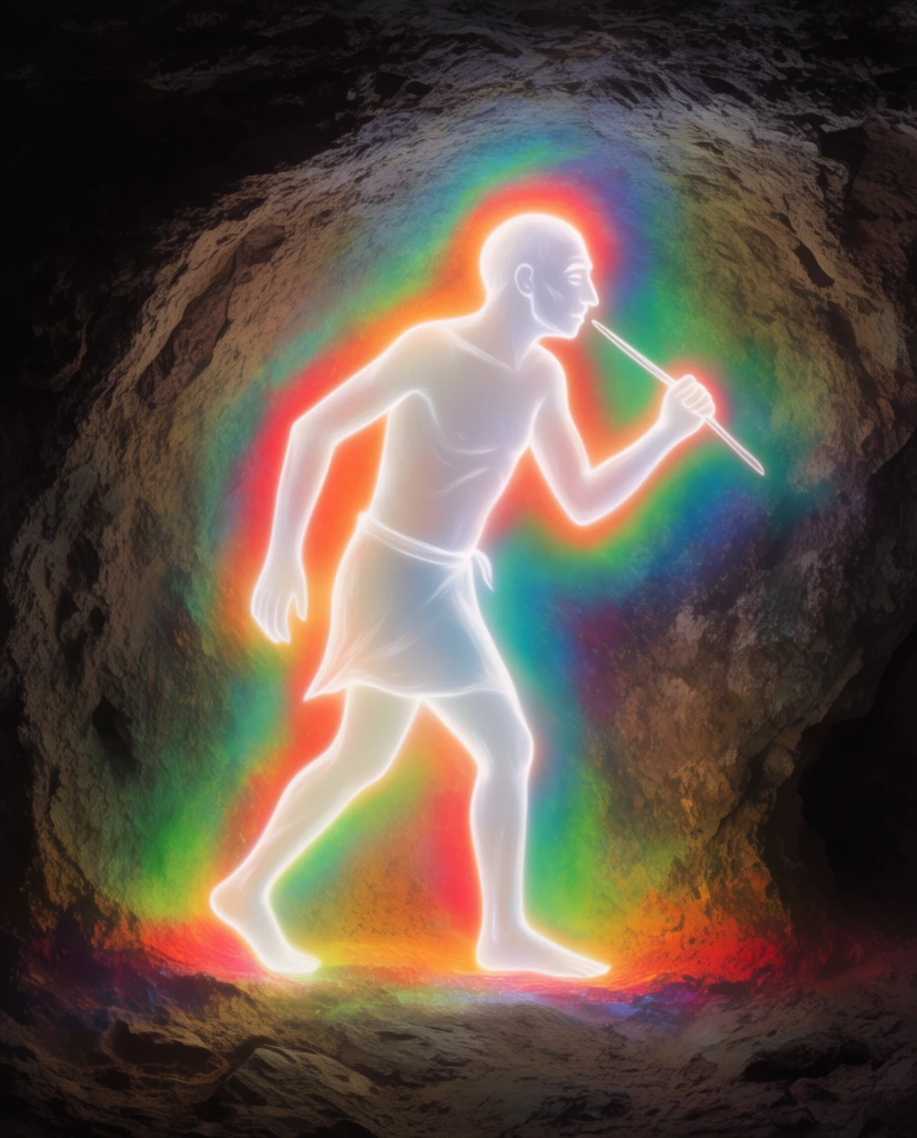 A glowing, translucent white silhouette of an ancient human figure strides across a dark, rough cave wall. Wearing a simple loincloth and holding a thin rod near its face, the ethereal form is framed by a vibrant chromatic aura. Radiant halos of red, orange, green, and cyan light cast a neon, holographic glow onto the jagged stone, blending prehistoric cave art aesthetics with striking, spectral illumination.