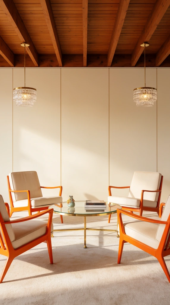 symmetrical mid-century lounge, orange wood-framed chairs around glass and gold coffee table, cream paneled walls, wood beam ceiling, crystal pendant lights, warm soft daylight