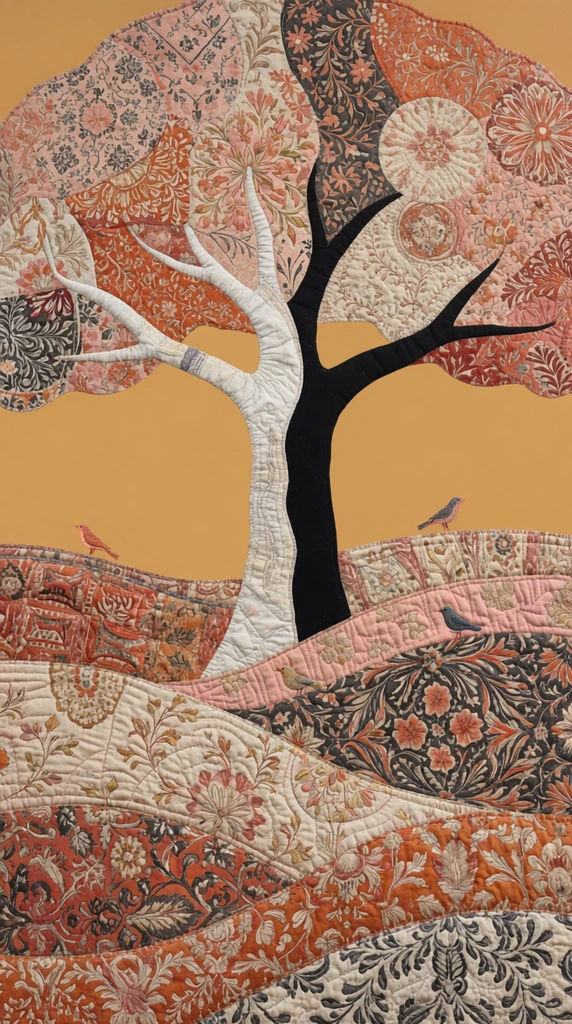 A mixed-media collage of a tree with a textured white and solid black split trunk set against a flat golden-ochre sky. The broad canopy and undulating ground layers are crafted from intricate patterned textiles, showcasing dense floral and geometric motifs in terracotta, blush pink, and charcoal gray. Small stylized birds perch on the quilted landscape. The artwork features a flattened perspective, emphasizing rich fabric textures, intricate linework, and a vibrant folk-art aesthetic.