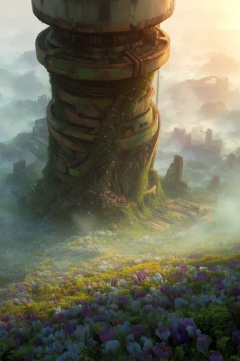Overgrown Industrial Solarpunk style reference image — cinematic atmospheric haze