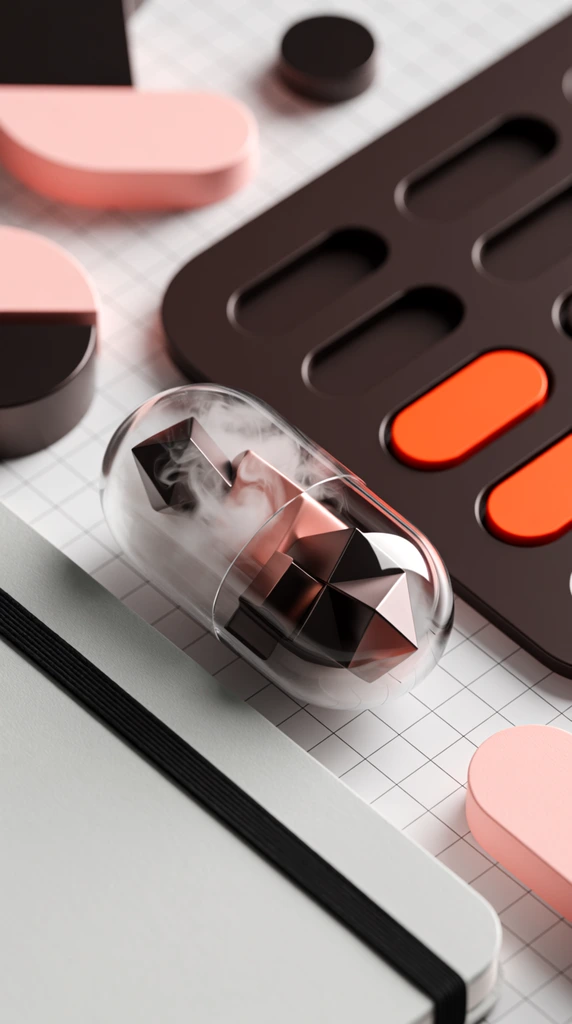 transparent glass capsule containing smoke and dark metallic 3D geometric forms, resting diagonally on a white grid-lined surface, adjacent light grey notebook with a black elastic band, dark brown rounded panel with recessed slots and bright orange pill-shaped buttons, scattered pastel pink and black geometric shapes, 3D graphic design layout, macro perspective, shallow depth of field, blurred outer edges, soft diffused lighting, drop shadows, contrasting matte and glossy materials