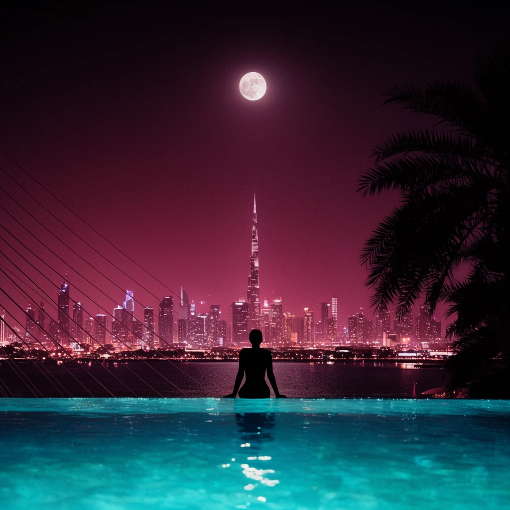 silhouette of a person sitting on the edge of a glowing turquoise infinity pool at night, sprawling illuminated city skyline across a dark body of water, prominent towering skyscraper spire piercing the horizon, silhouetted palm tree fronds framing the right side, diagonal cables on the left, full moon in a deep magenta-tinted night sky, high contrast