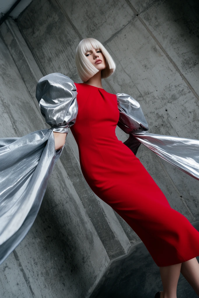 A woman with a sleek platinum blonde bob models a vivid crimson midi dress with massive metallic silver puff sleeves. She strikes a dynamic, leaning pose against a raw concrete wall, the sleeves trailing into dramatic ribbons. Directional lighting emphasizes the textured fabrics from a steep Dutch angle.