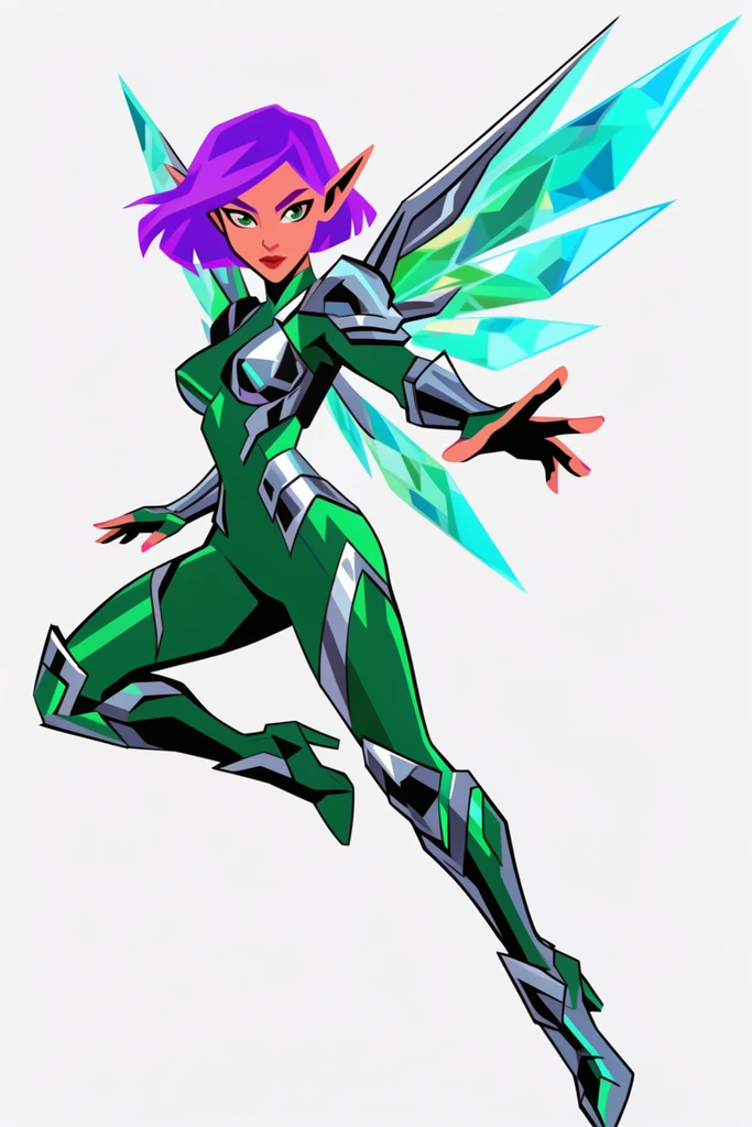 Female elven warrior in dynamic action pose, short neon purple hair, sleek emerald green and silver futuristic bodysuit, metallic armor plating, large glowing crystalline wings, reaching forward with one open hand, high futuristic boots, crisp cel-shaded illustration, vector art style, flat vibrant colors, bold black outlines, stark plain white background
