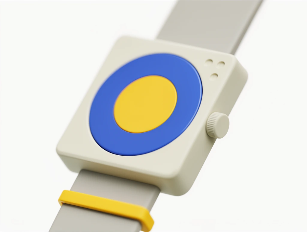 A close-up studio shot of a minimalist wristwatch against a stark white background. The matte off-white square casing holds a geometric face with a blue outer ring and a solid yellow inner circle. A textured cylindrical crown sits on the right edge, near three small circular indentations in the top corner. Attached is a smooth light-grey strap with a bright yellow keeper. Soft, diffused lighting creates a clean 3D-rendered aesthetic with a shallow depth of field blurring the upper strap.