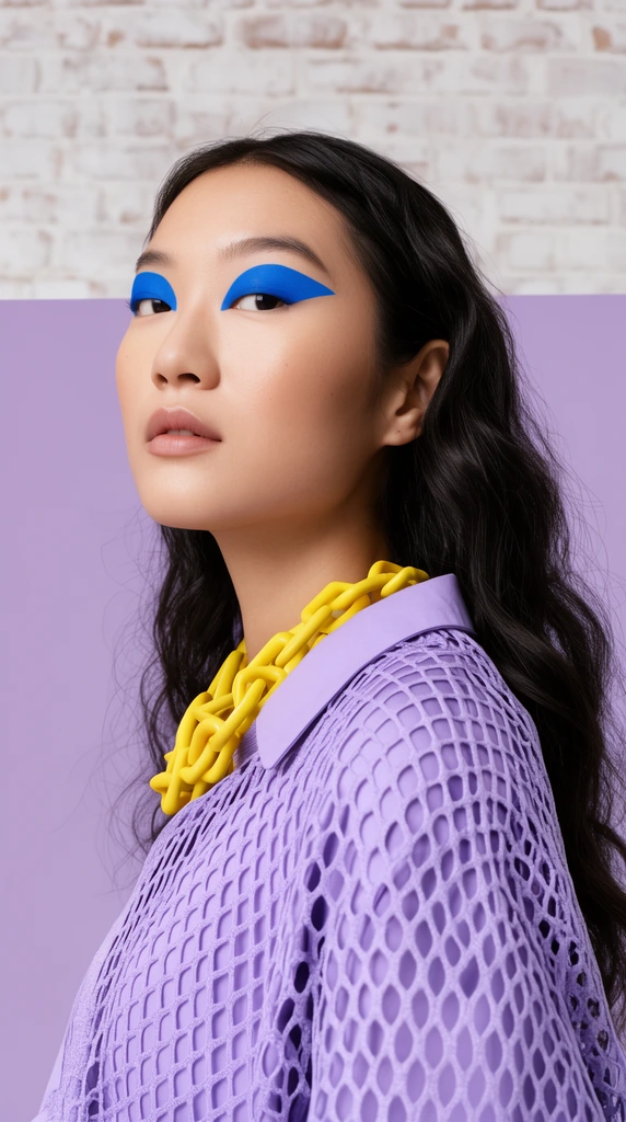 A modern editorial portrait of a young Asian woman glancing over her shoulder. She features vibrant blue geometric eyeshadow, long dark wavy hair, a chunky yellow chain necklace, and a lavender collared shirt under a matching wide-mesh overlay. The horizontally split background shows a solid lavender panel against a softly focused whitewashed brick wall. Soft studio lighting highlights the bold color-blocked palette of pastel purple, electric blue, and vivid yellow.
