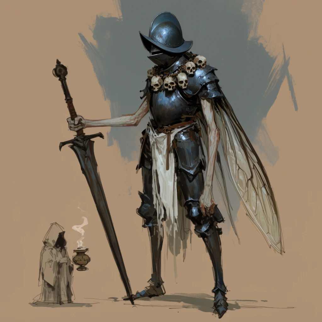 tall spindly dark fantasy knight concept art, morion helmet obscuring face, dark plate armor on torso and scattered limbs, necklace of small skulls, tattered white loincloth, elongated pale arms, holding a heavy broadsword pointing down, translucent insectoid wings folded on back, tiny sketched hooded figure holding a smoking censer in lower left, flat tan background with rough grey-blue paint splash behind the knight, loose expressive brushwork, sketchy linework, muted steely blues and earthy browns