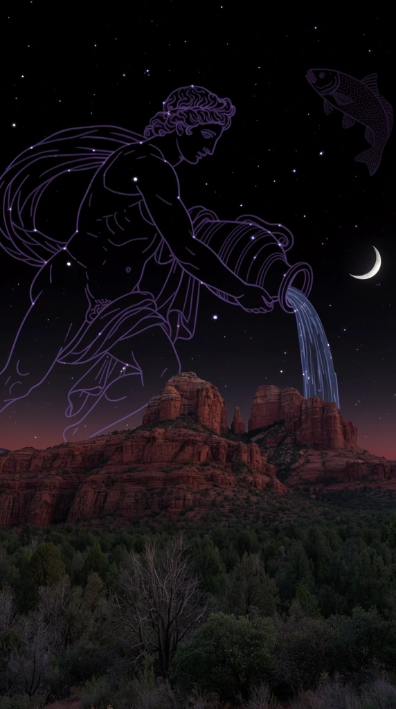 surreal night sky over a desert landscape, giant ethereal purple line-art constellation of a classical male figure pouring water from an urn, faint purple line drawing of a fish, crescent moon near the flowing water stream, scattered bright stars, photorealistic rugged red rock mountain formation, dark green foreground forest with shrubs and bare branches, low-light night photography, dark sky fading to a faint reddish glow at the horizon, celestial mapping aesthetic