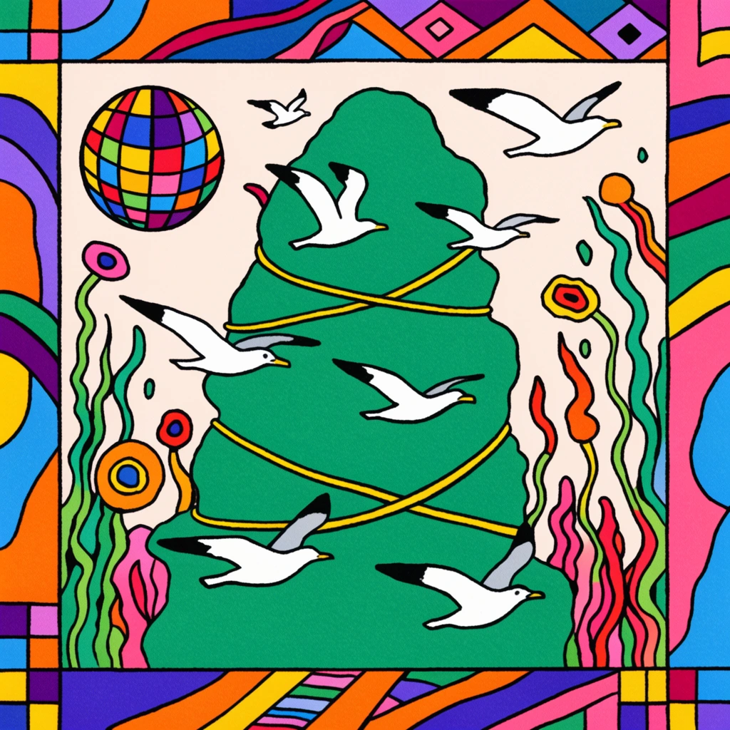 A surreal, grainy pop-art illustration of white seagulls circling a lumpy green structure wrapped in yellow string. Psychedelic flora, wavy vines, and a colorful grid sphere fill the pale background, framed by bold, abstract geometric borders and heavy black outlines.