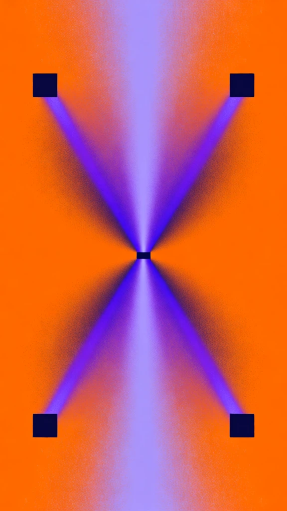 A symmetrical, abstract digital artwork displays a central hourglass-shaped formation of light set against a textured orange background. Four small, dark navy blue squares are positioned symmetrically near each corner of the frame, acting as the source for four diagonal beams of purple light that point toward the center. A vertical column of lavender and violet light enters from the top and bottom edges, tapering into a thin waist at the middle of the composition. At the precise center, a small dark horizontal rectangle marks the convergence point of all light paths. The entire image is characterized by a heavy, stippled grain texture, particularly visible in the gradients where the light colors blend into the solid orange field. The color palette is dominated by vibrant orange, deep purple, and bright blue. The composition is highly minimalist and perfectly balanced across both the horizontal and vertical axes, viewed from a direct, flat perspective.