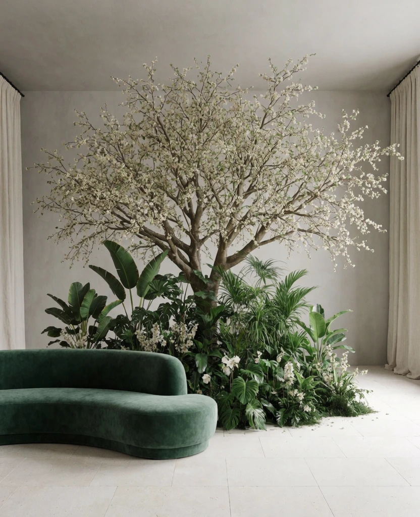 minimalist interior studio, soft diffused lighting, centered composition, high-end editorial aesthetic, a massive central blossoming tree with delicate white flowers and lush tropical vegetation, a curved emerald green velvet sofa in the foreground, neutral gray walls, cream linen curtains, clean stone tiled floor, botanical art, whimsical yet sophisticated atmosphere, muted tones with a pop of deep green, crisp focus, cinematic interior photography