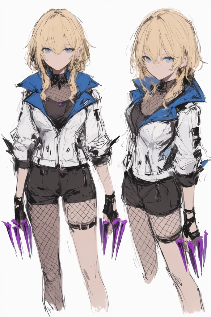 anime character concept art, two poses of a young blonde woman, blue eyes, white and blue high-collar jacket, dark shorts, fishnet accents, fingerless gloves holding purple spikes, rough digital sketch, loose linework, muted colors, white background