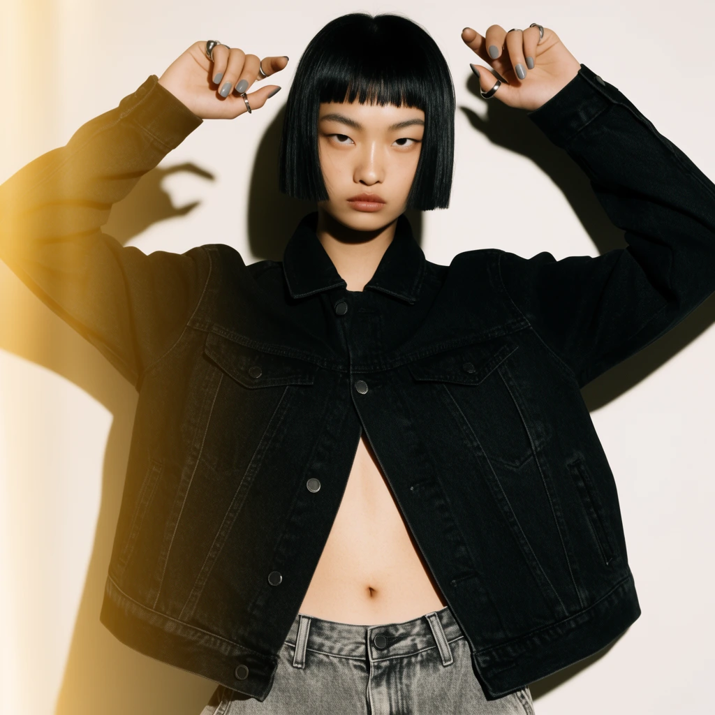 An East Asian model with a sharp black bob poses with arms raised against an off-white studio backdrop. She wears an open black denim jacket exposing her midriff and faded grey jeans. Grey nail polish and silver rings accent her hands. High-contrast flash photography creates sharp shadows, highlighted by a warm golden light leak on the left.