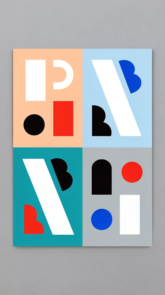 A rectangular abstract geometric print rests on a flat grey surface. The artwork is divided into an irregular grid of solid-colored blocks in pastel peach, light blue, teal, and grey. Nested within these blocks are flat, unshaded geometric shapes in stark white, deep black, bright red, and vibrant blue. These crisp elements include thick vertical and diagonal bars, hollow semi-circles, scalloped arches, and solid circles, creating a high-contrast, minimalist interplay of positive and negative space.