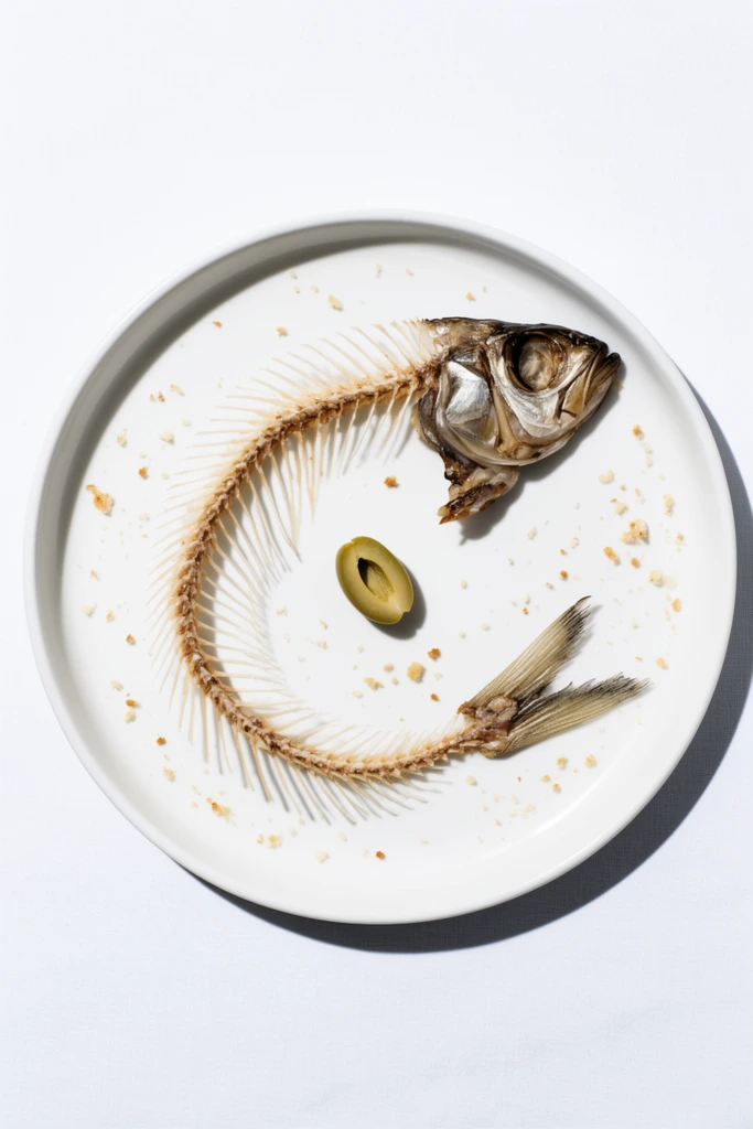curved fish skeleton with intact head and tail on a round white plate, single halved green olive, scattered breadcrumbs, hard overhead lighting, sharp cast shadows, minimalist food photography, flat lay