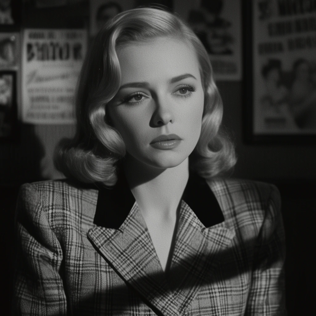 black and white cinematic film still of a 1940s woman with a pensive expression, smooth blonde hair curled at the shoulders, plaid blazer with solid dark lapels, dramatic chiaroscuro lighting with a strong diagonal shadow across her chest, soft film grain, out-of-focus wall with framed posters, vintage Hollywood aesthetic